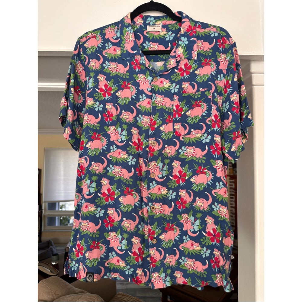 Pokemon Slowpoke Blue and Pink Casual Button Down Shirt